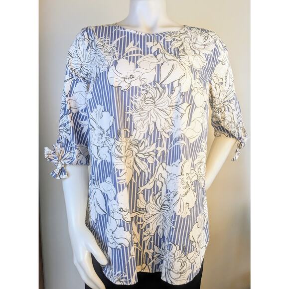 Isabel Maternity Blouse Medium Blue White Floral Striped Popover Short Sleeve - Picture 2 of 10